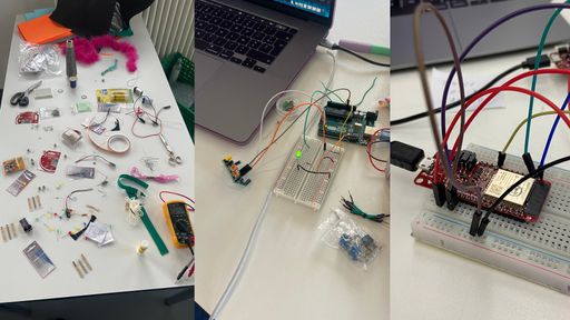 Multiple photos showing microcontrollers, wires and electronic devices