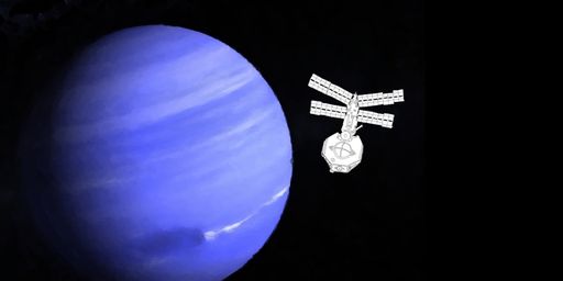 Drawing of a spaceship adrift with a blue gas planet in the background