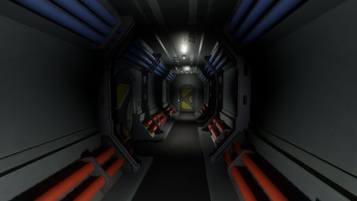 In-game capture of a hallway inside a spaceship