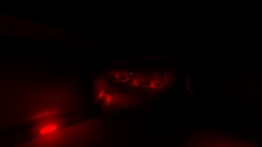 In-game capture of a dark reddish hallway inside a spaceship