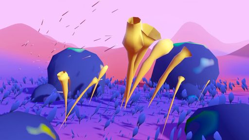 Screen capture of a 3D render with surrealist fauna and flora