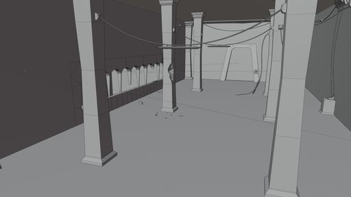 3D scene of a room with multiple pillars and spotlights